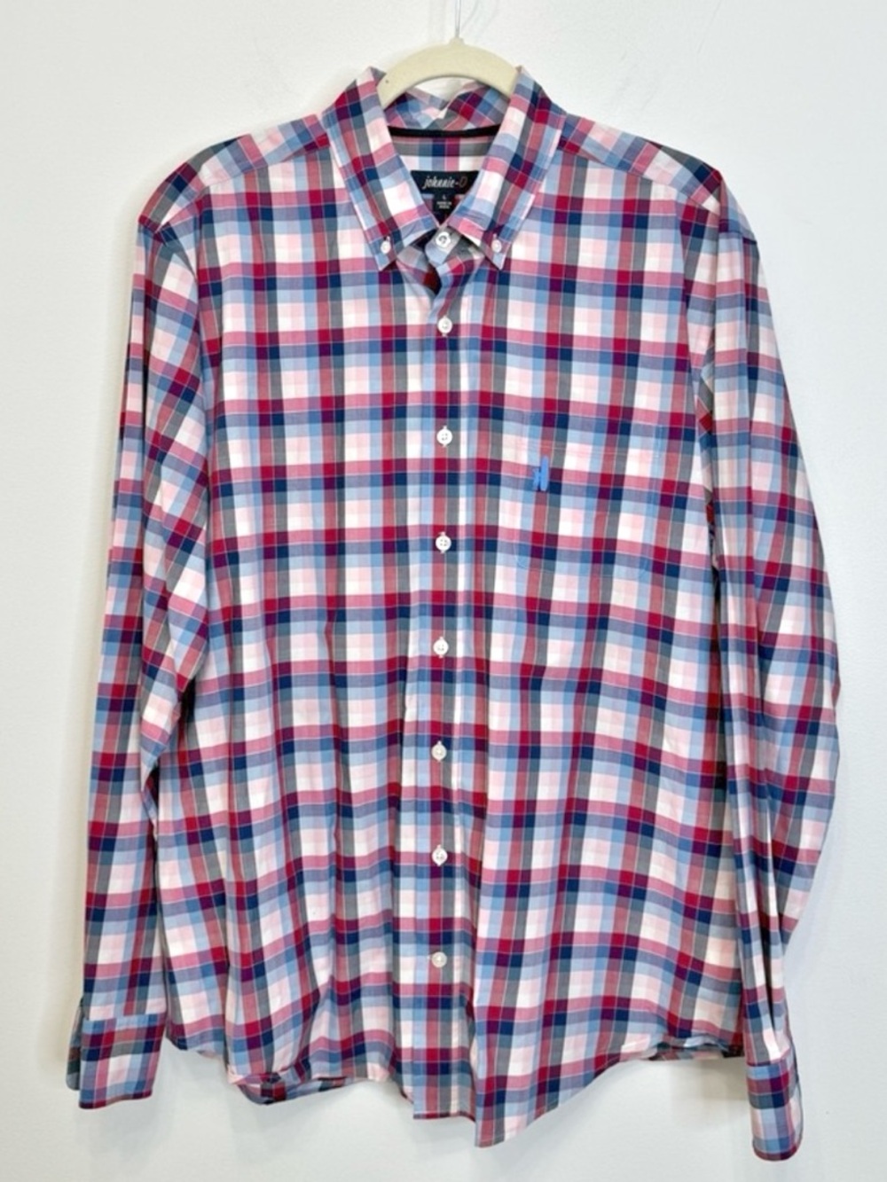 Johnnie O Red Blue Long Sleeve Plaid Button Down Shirt Men Large Egyptian Cotton